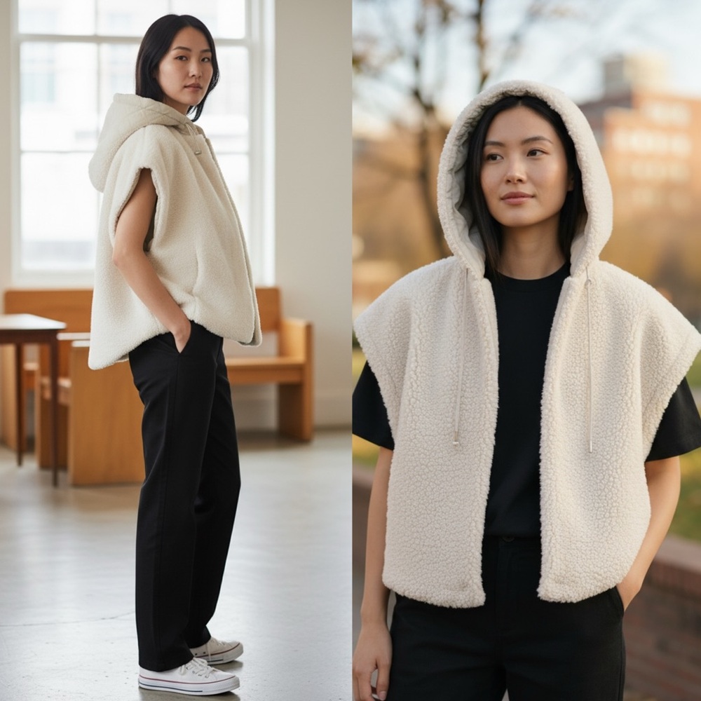 Cream Sleeveless Sherpa Hoodie Vest